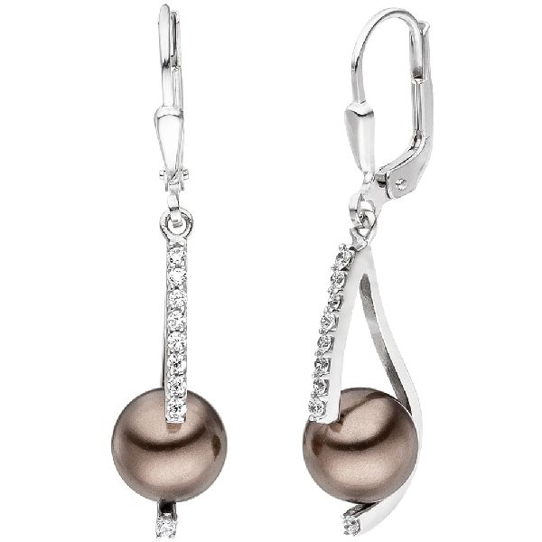 Ohrhänger 925 Sterling Silber 2 Perlen braun 18 Zirkonia Ohrringe Perlenohrringe CJ