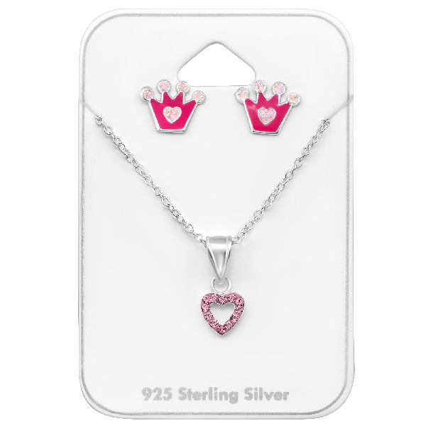 Schmuck Set Kinder Mädchen Ohrstecker Halskette Anhänger Krone Herz 925er Silber Kristall Glitter