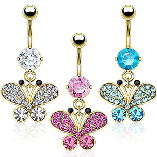 Bauchnabelpiercing Schmetterling Gold Beschichtet mit Zirkonia Steinchen