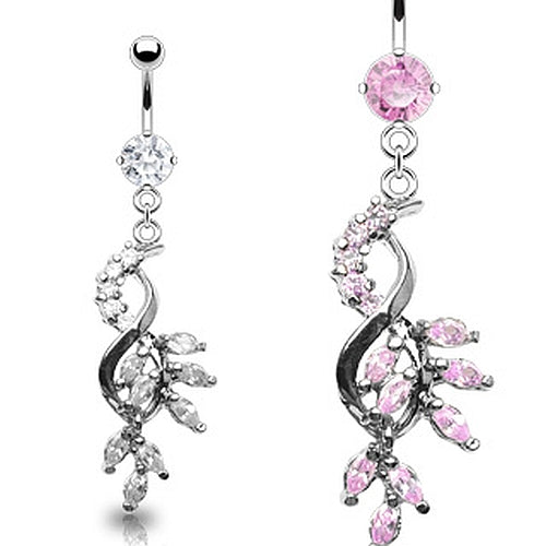 Bauchnabelpiercing mit Schleife Kristall-Blüten und *Zirkonia Stein