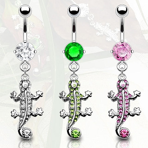 Bauchnabelpiercing Gecko Eidechse mit Strass Steinchen aus Chirurgenstahl C316L