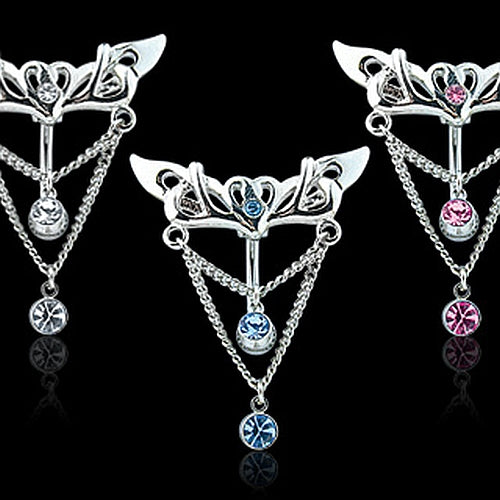 Reverse Bauchnabelpiercing mit hängendem Tribal Strass Motive