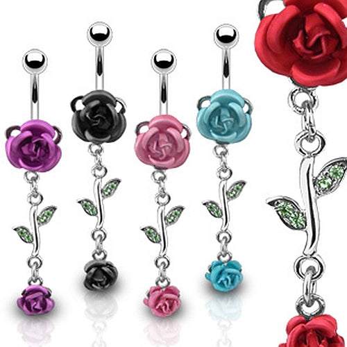 Bauchnabelpiercing aus Chirurgenstahl mit Rose und Strass-Steinchen.