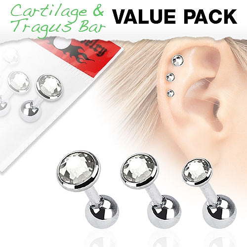 3er Set Tragus Piercing mit Schmuckstein in verschiedenen Farben
